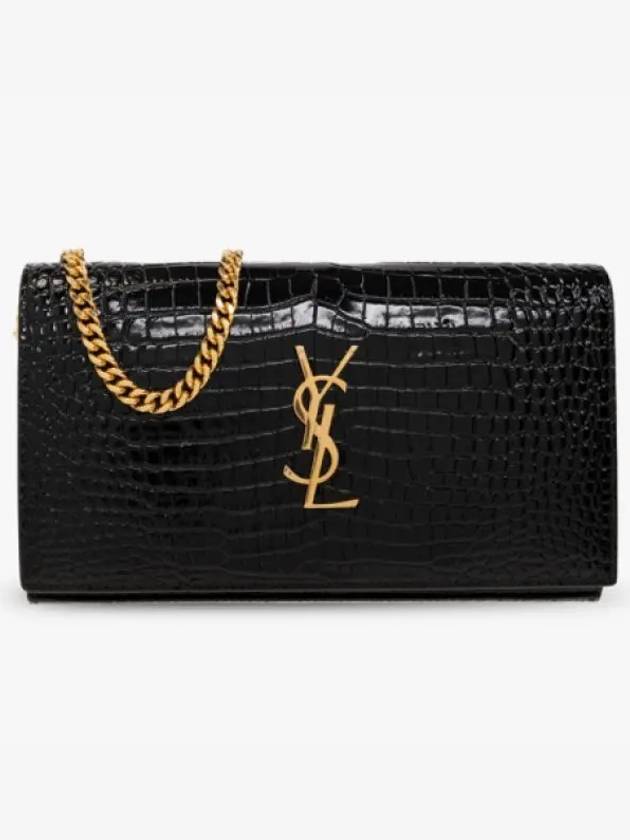 Luxury Saint Laurent Trending 2025 Cassandre Chain Crocodile Embossing Leather Long Wallet Black