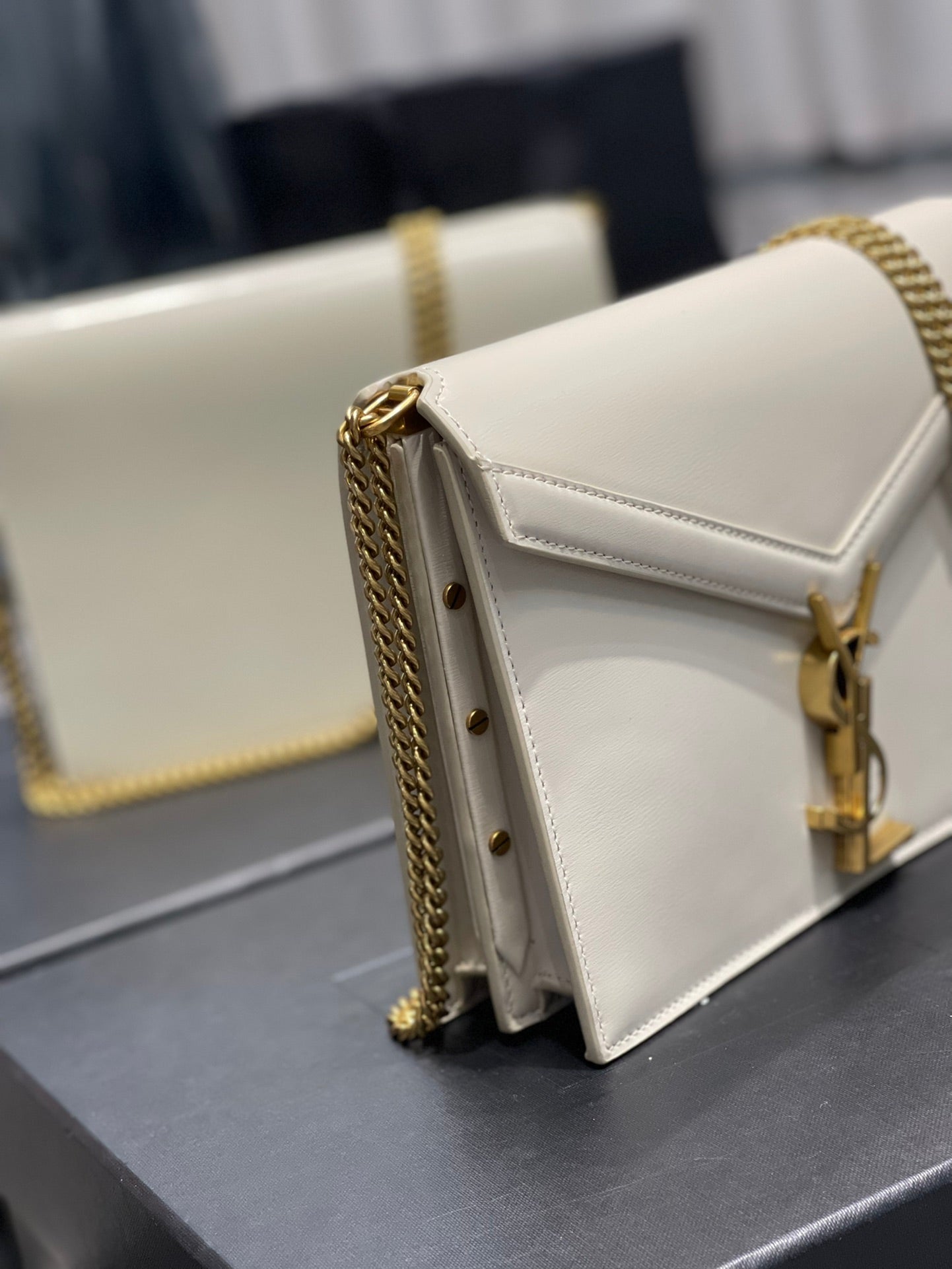 YSSL Cassandra Medium Chain Bag White In Grain De Poudre Embossed For Women 8in/22cm YSL 532750BOW0W9207