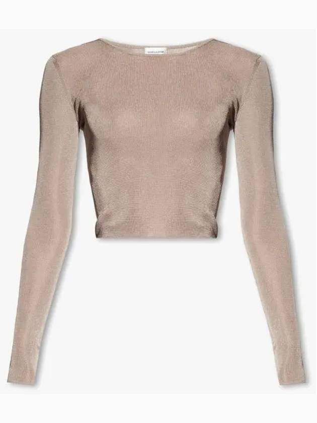 Luxury Saint Laurent Trending 2025 Rib Detail Viscose Crop Long Sleeve T-Shirt Pink