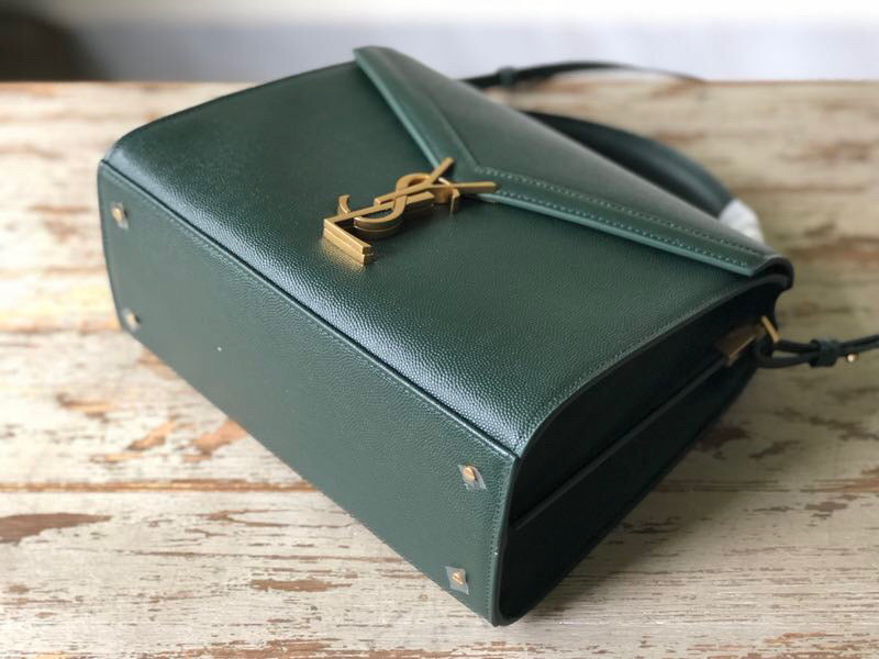 YSSL Cassandra Medium Top Handle Bag In Grain De Poudre Embossed Dark Green For Women 9in/25cm 