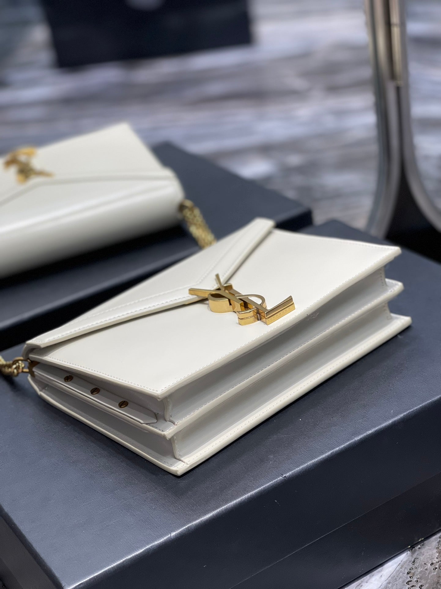 YSSL Cassandra Medium Chain Bag White In Grain De Poudre Embossed For Women 8in/22cm YSL 532750BOW0W9207