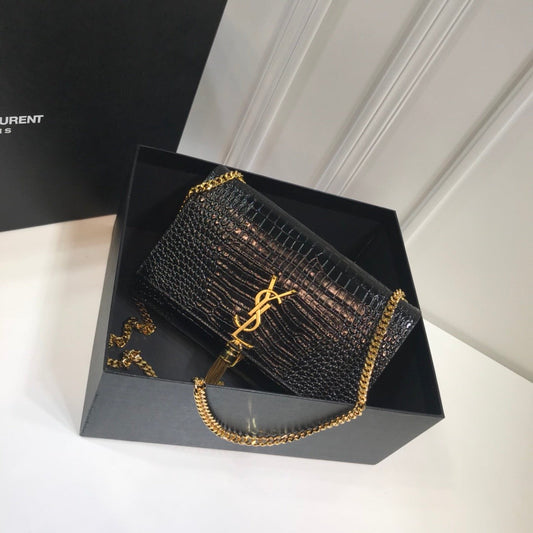 YSSL Kate Medium Chain Bag With Tassel In Embossed Crocodile Black For Women 9in/24cm YSL 354119DND0J1000