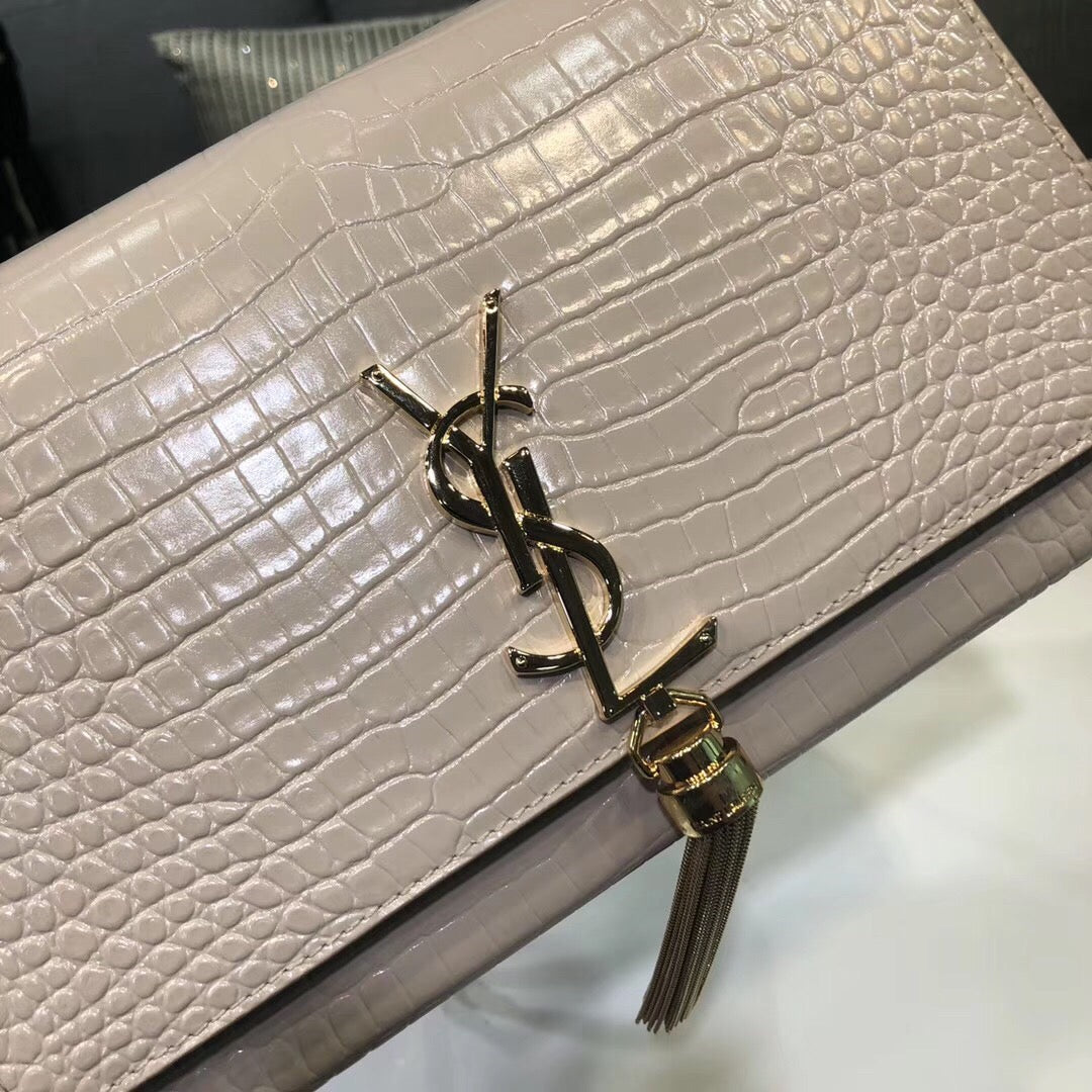 Top Quality Kate Small Chain Bag With Tassel In Embossed Beige For Women 7.8in/20cm YSL 