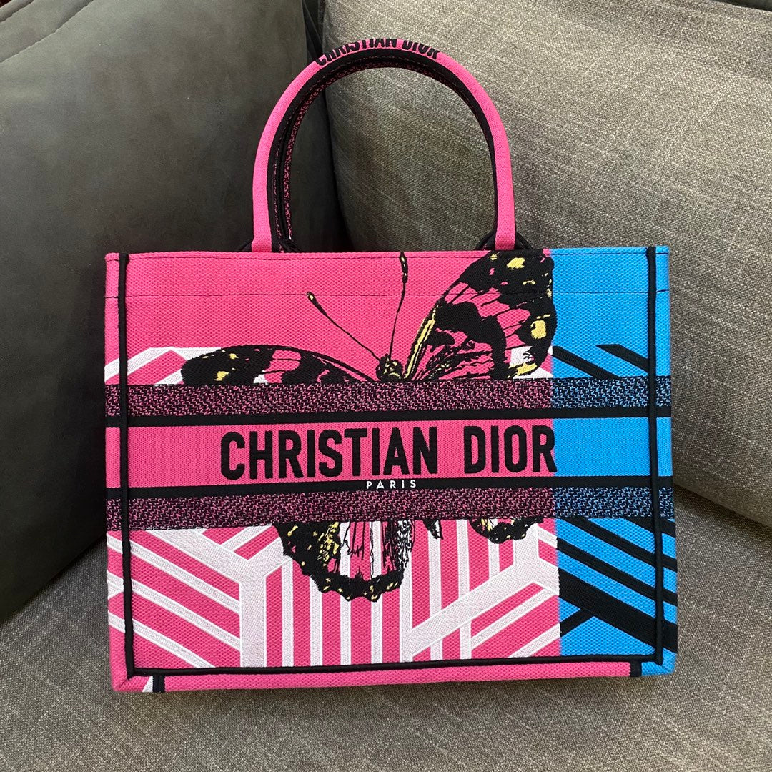 Top Quality MeTop Qualityum Book Tote Bright Blue and Bright Pink D-Jungle Pop Embroidery, Blue/Pink, For Women Womens Handbags Shoulder Bags, 36cm CD M1296ZRON_M885