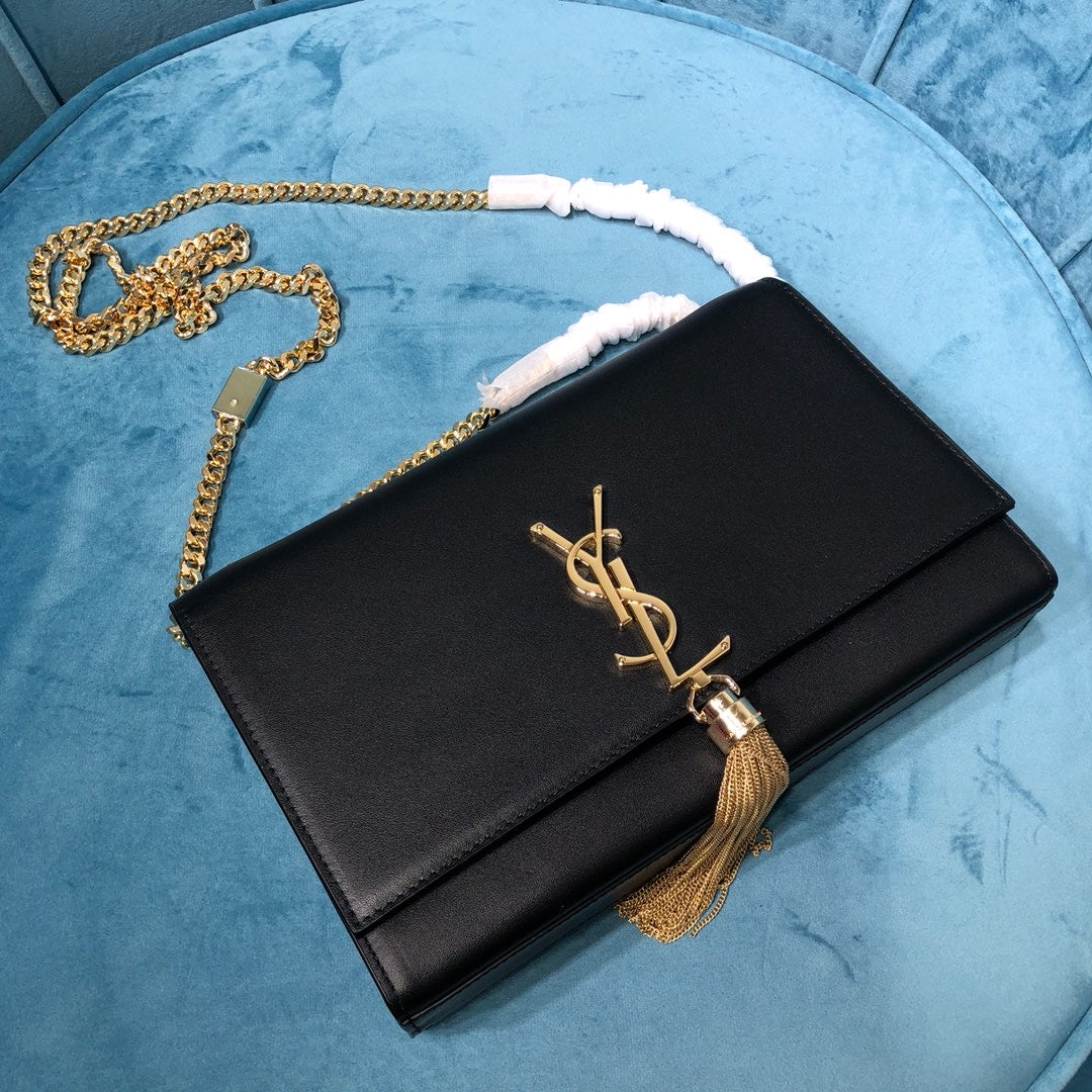 Top Quality Kate MeTop Qualityum Chain Bag With Tassel In Grain De Poudre Black For Women 9.4in/24cm YSL 354119BOW0J1000