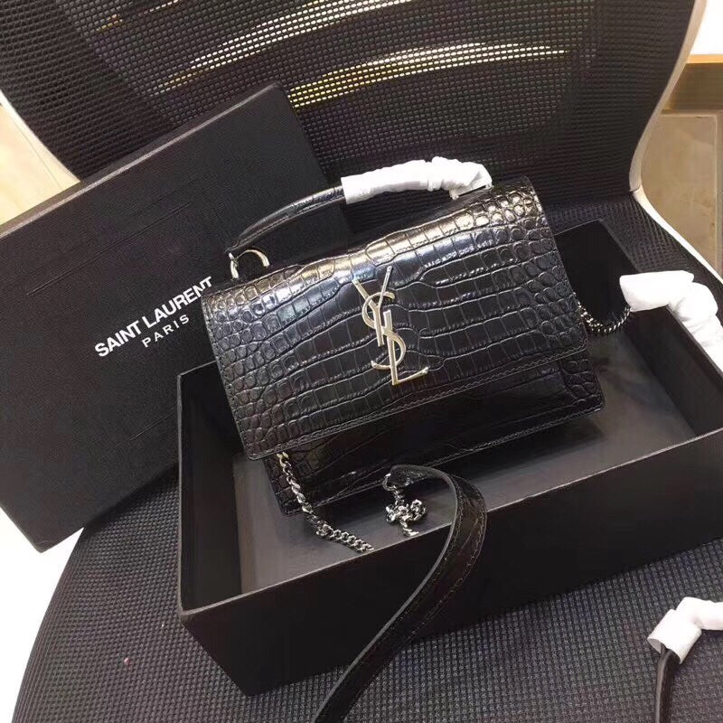 YSSL Sunset Chain Wallet  In-Embossed Black For Women 8in/21cm YSL