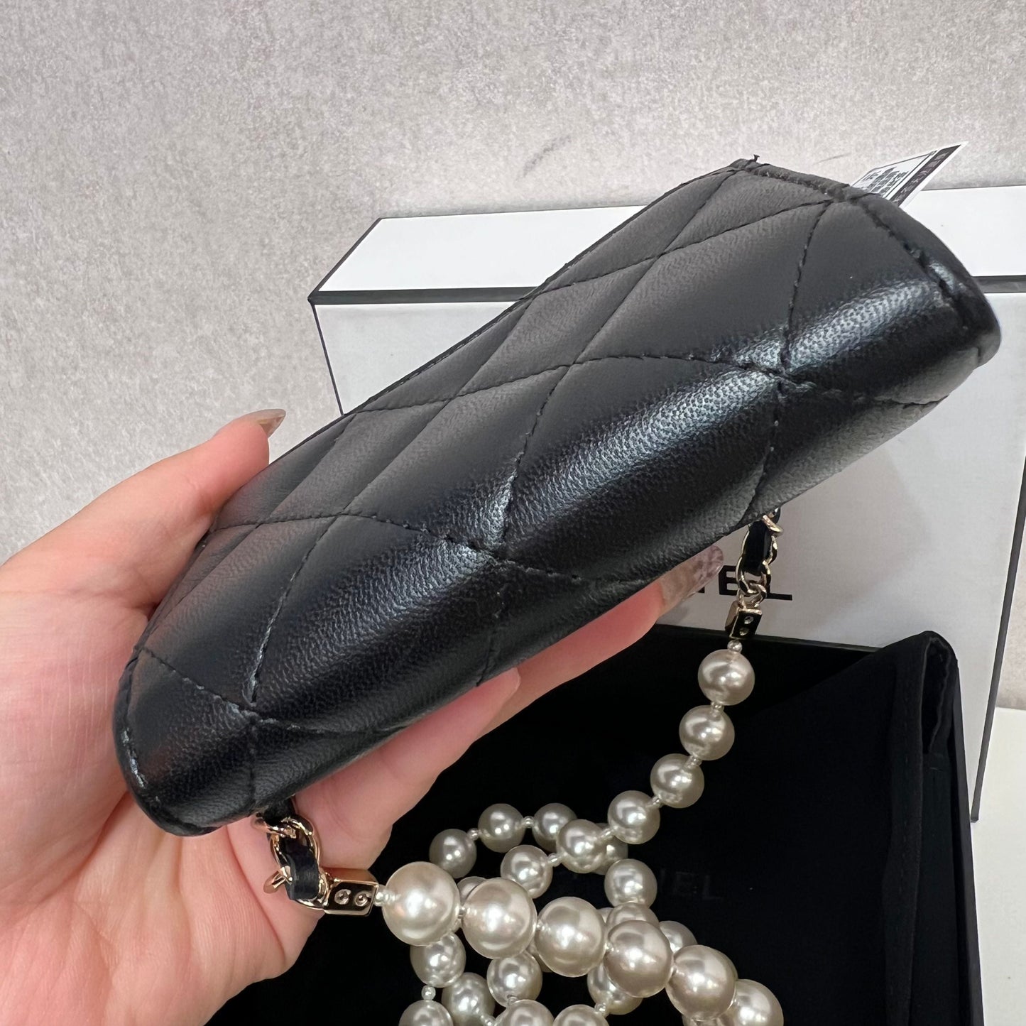 CHANEL Lambskin Quilted Pearl Card Holder With Chain Black 3355