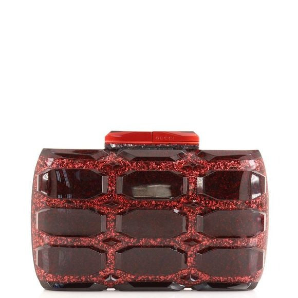 one of a kind,  , Gucci Aristographic Red Glitter Plexiglass clutch made of red glitter faceted heavy resin plastic with a latch top