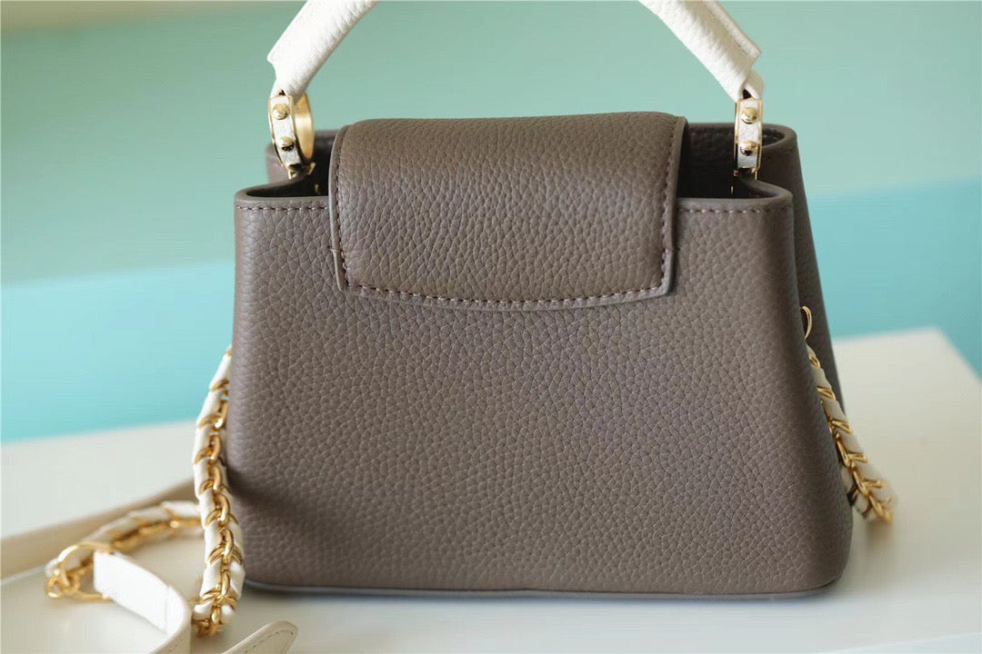Top Quality Capucines Mini Taurillon Smokey Brown Green/ Creme/ Pink For Women,  Shoulder And Crossbody Bags 21cm/8.3in Top Quality
