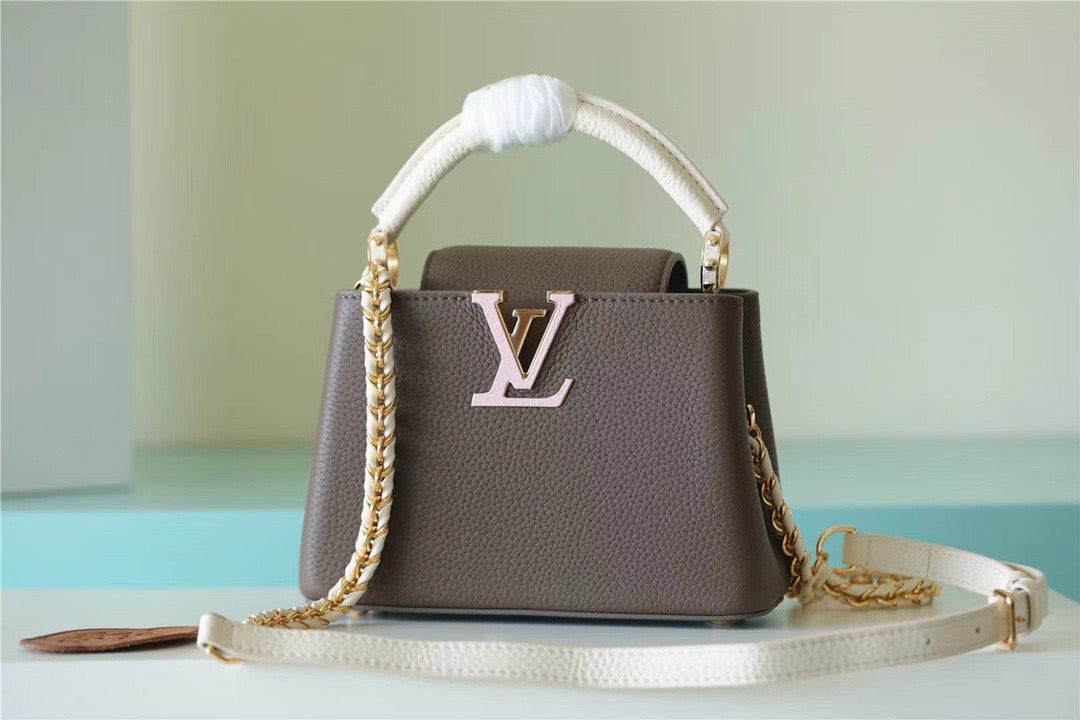 Top Quality Capucines Mini Taurillon Smokey Brown Green/ Creme/ Pink For Women,  Shoulder And Crossbody Bags 21cm/8.3in Top Quality