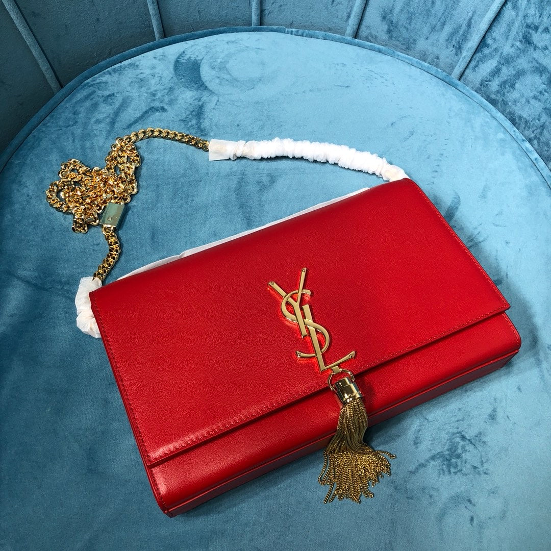 YSSL Kate Medium Chain Bag With Tassel In Grain De Poudre Red For Women 9in/24cm YSL