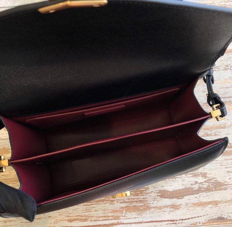 YSSL Cassandra Medium Top Handle Bag In Grain De Poudre Embossed Black For Women 9in/25cm 623931BOW0W1000