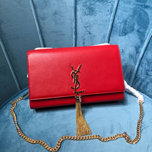 YSSL Kate Medium Chain Bag With Tassel In Grain De Poudre Red For Women 9in/24cm YSL