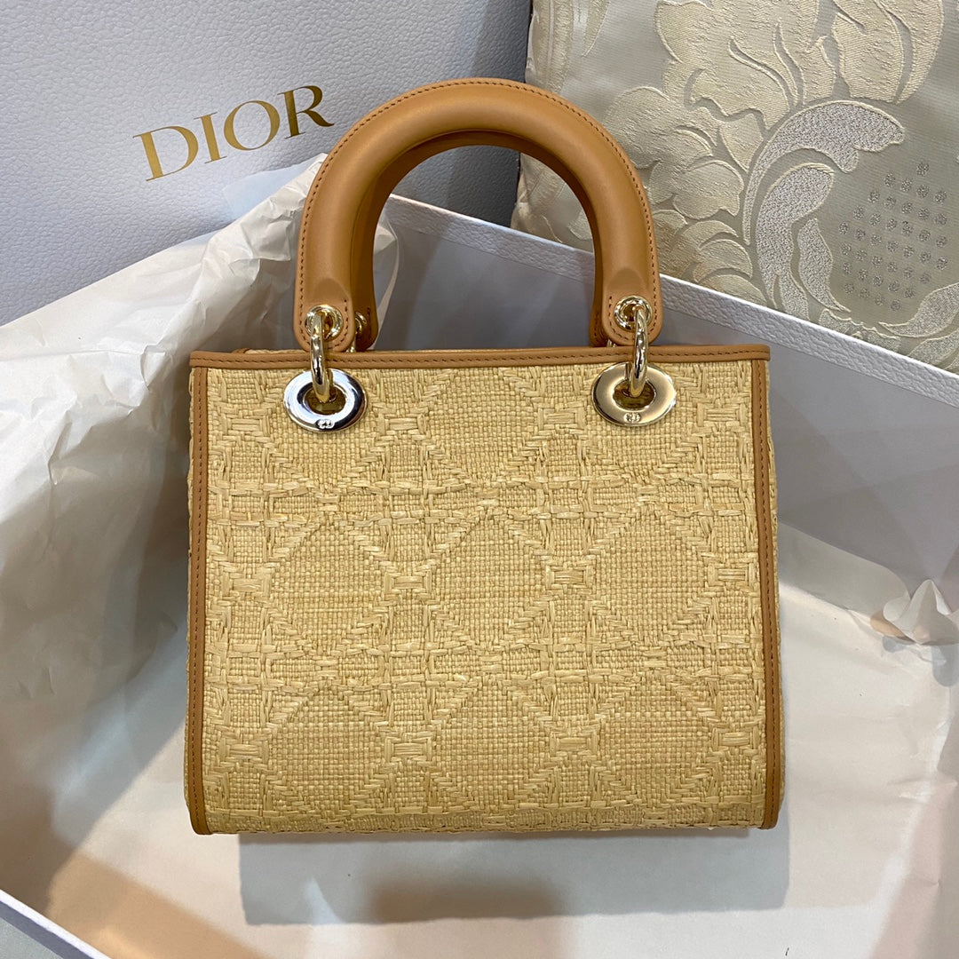 Top Quality MeTop Qualityum Lady Bag Natural Cannage Raffia, Brown Handbags, 24cm CD M0565OMBD_M925