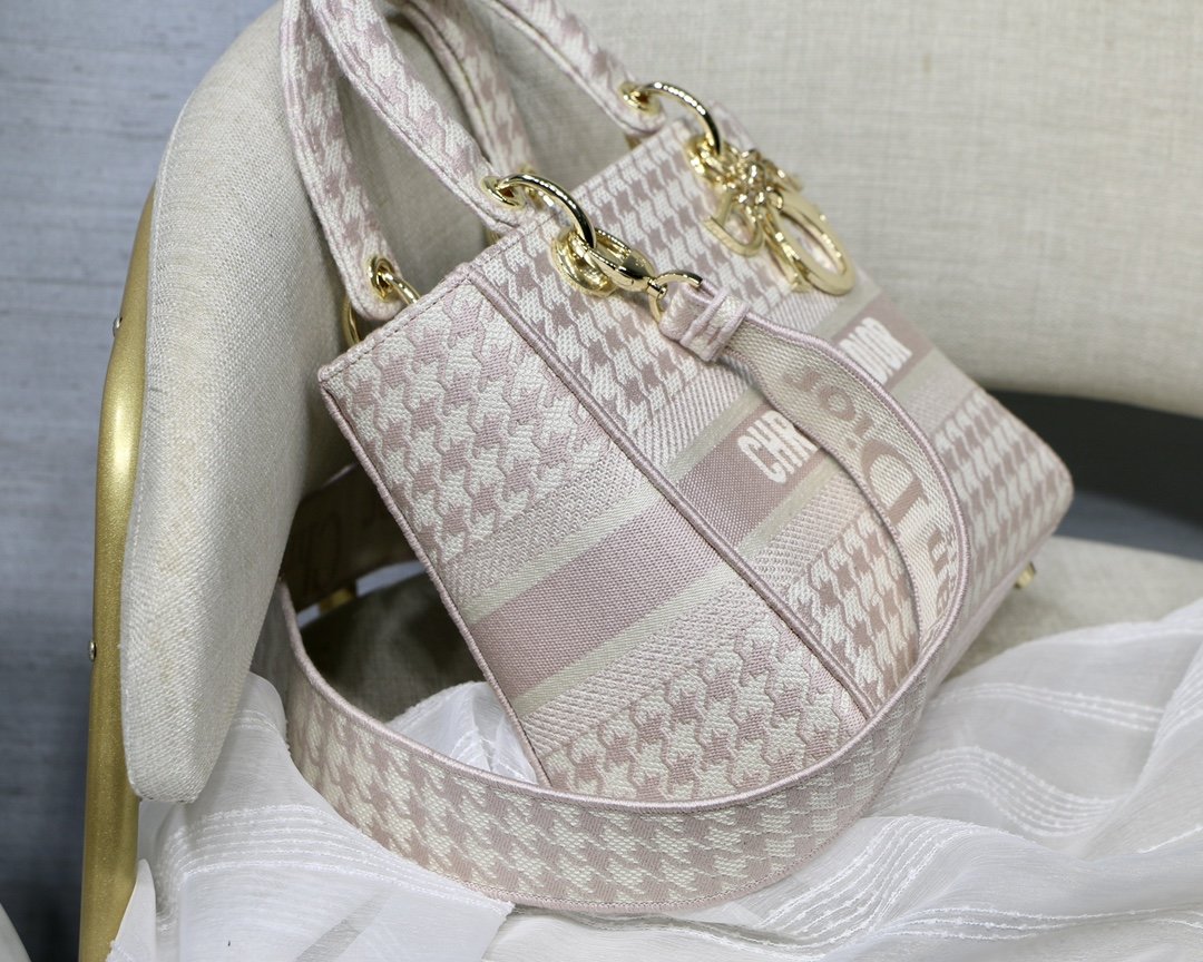 Top Quality MeTop Qualityum Lady D-Lite Bag Houndstooth Embroidery, Pink/White, For Women Womens Handbags, Shoulder Bags, Crossbody Bags, 24cm CD