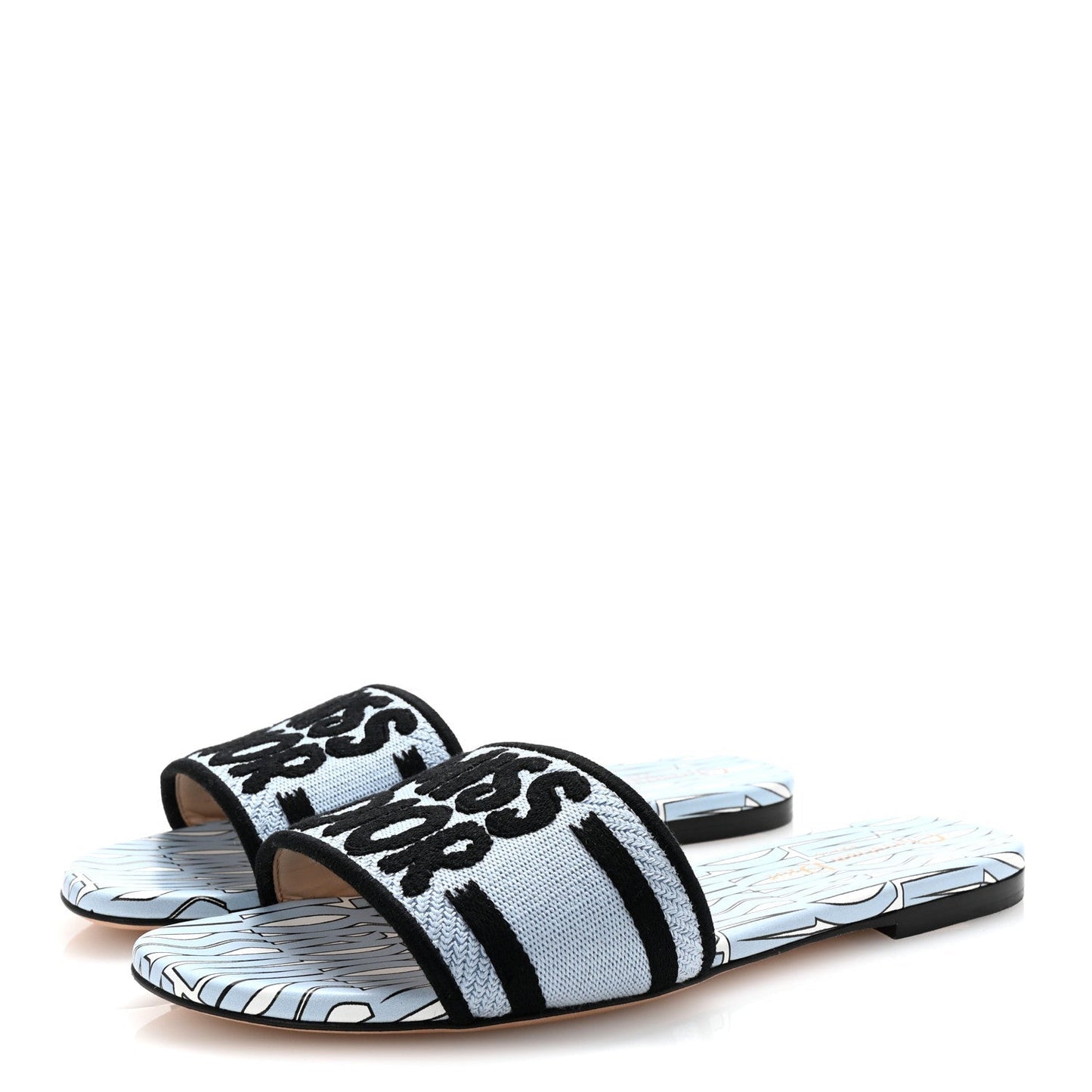 Christian Dior Canvas Miss Dior Embroidered Dway Flat Slide Sandals 37.5 Azure Pale