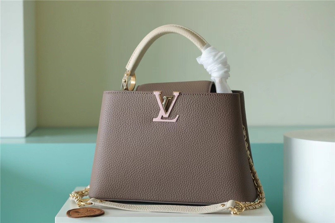 Top Quality Capucines BB Taurillon Smokey Brown Green/ Creme/ Pink For Women, Womens Bags, Shoulder And Crossbody Bags 10.6in/27cm Top Quality