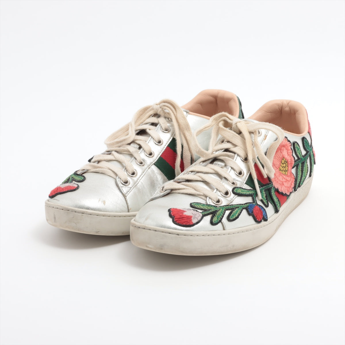 Gucci Ace Leather Trainers 38 1/2  Silver 431917