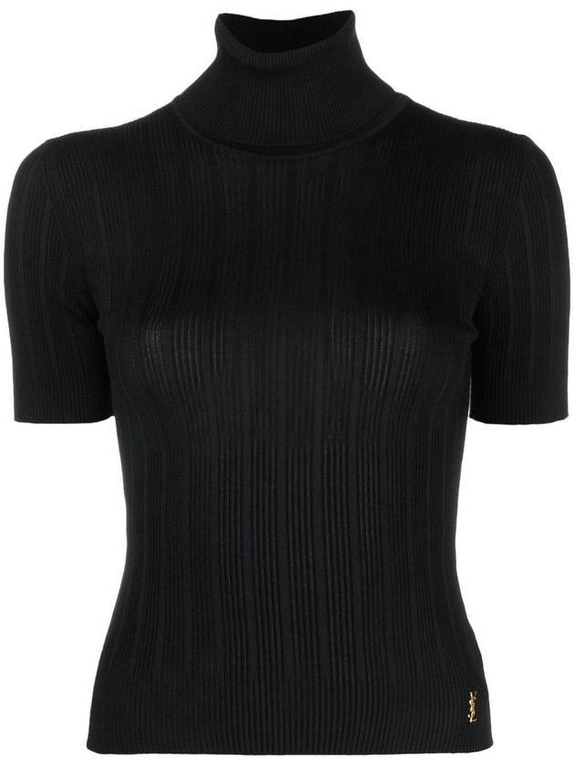 Luxury Saint Laurent Trending 2025 Rib Silk Monogram Short Sleeve Turtleneck Black