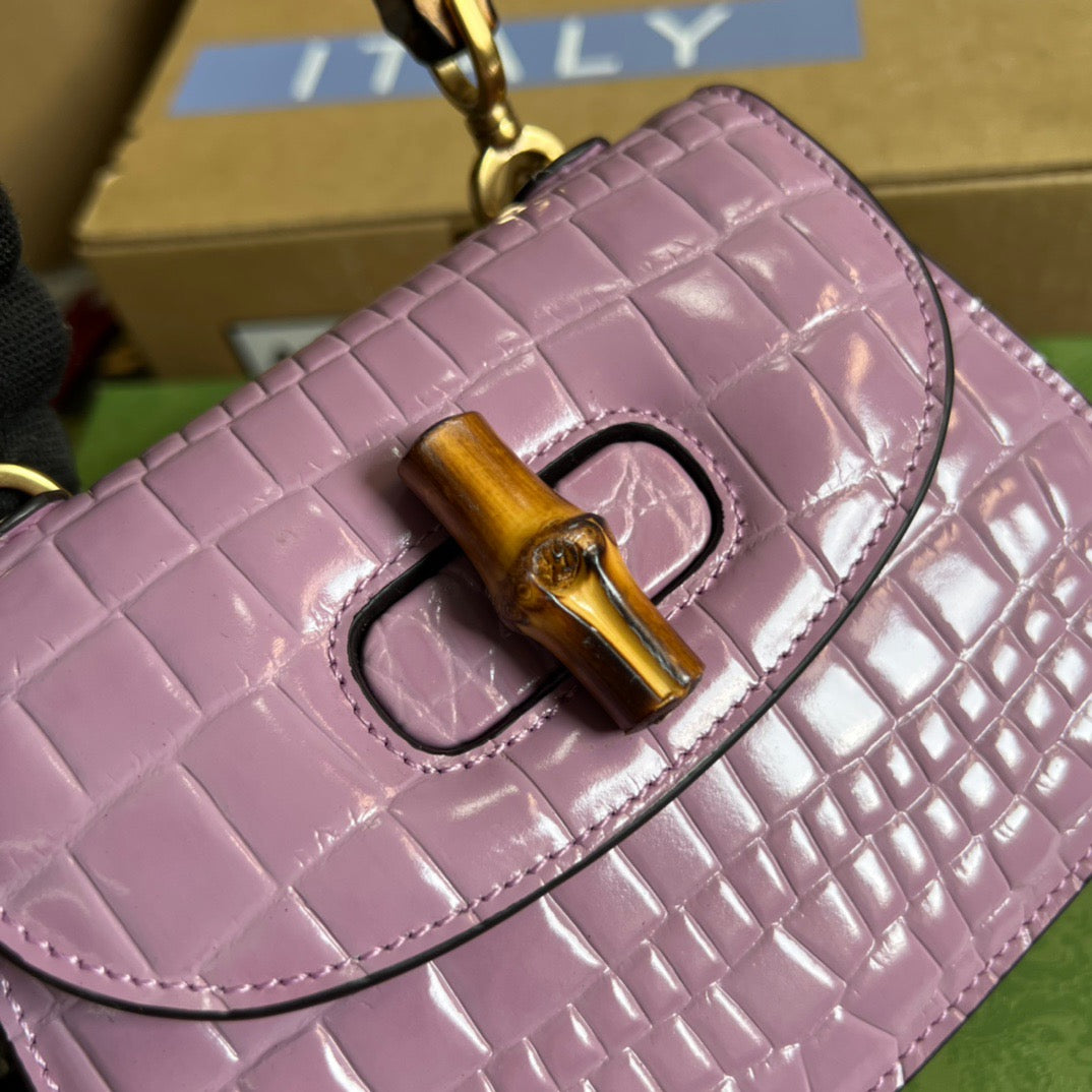 gg Bamboo 1947 Crocodile Mini Top Handle Bag Pink For Women, Women’s Bags 6.7in/17cm gg