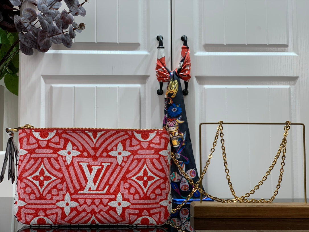 Top Quality Top Quality Crafty Double Zip Pochette Monogram Canvas Red/White For Women,  Shoulder And Crossbody Bags 7.9in/20cm Top Quality