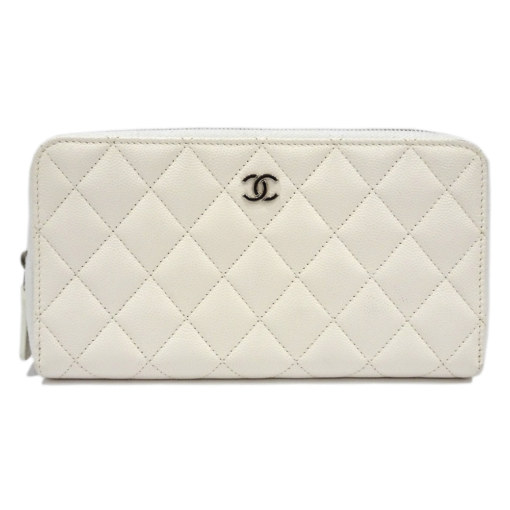 CHANEL Classic Long Zip Wallet AP0242 Green  S Caviar Skin White Silver G  Round  Wallet Small s