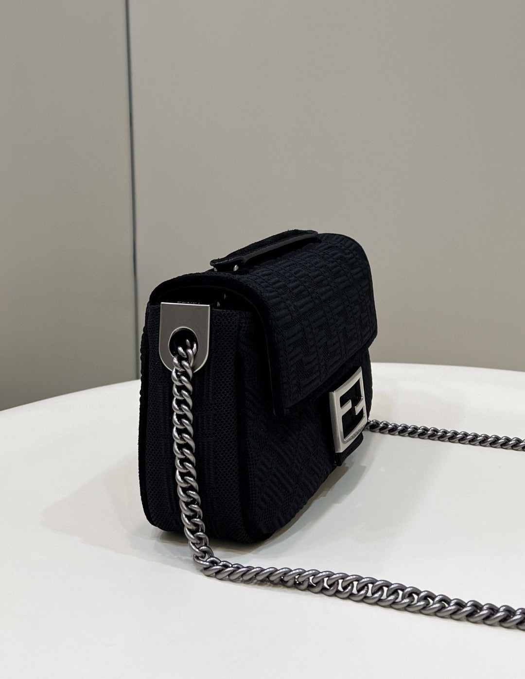 Top QualityTop Quality Baguette Chain Midi Black FF Fabric Bag For Woman 14.5cm/6in