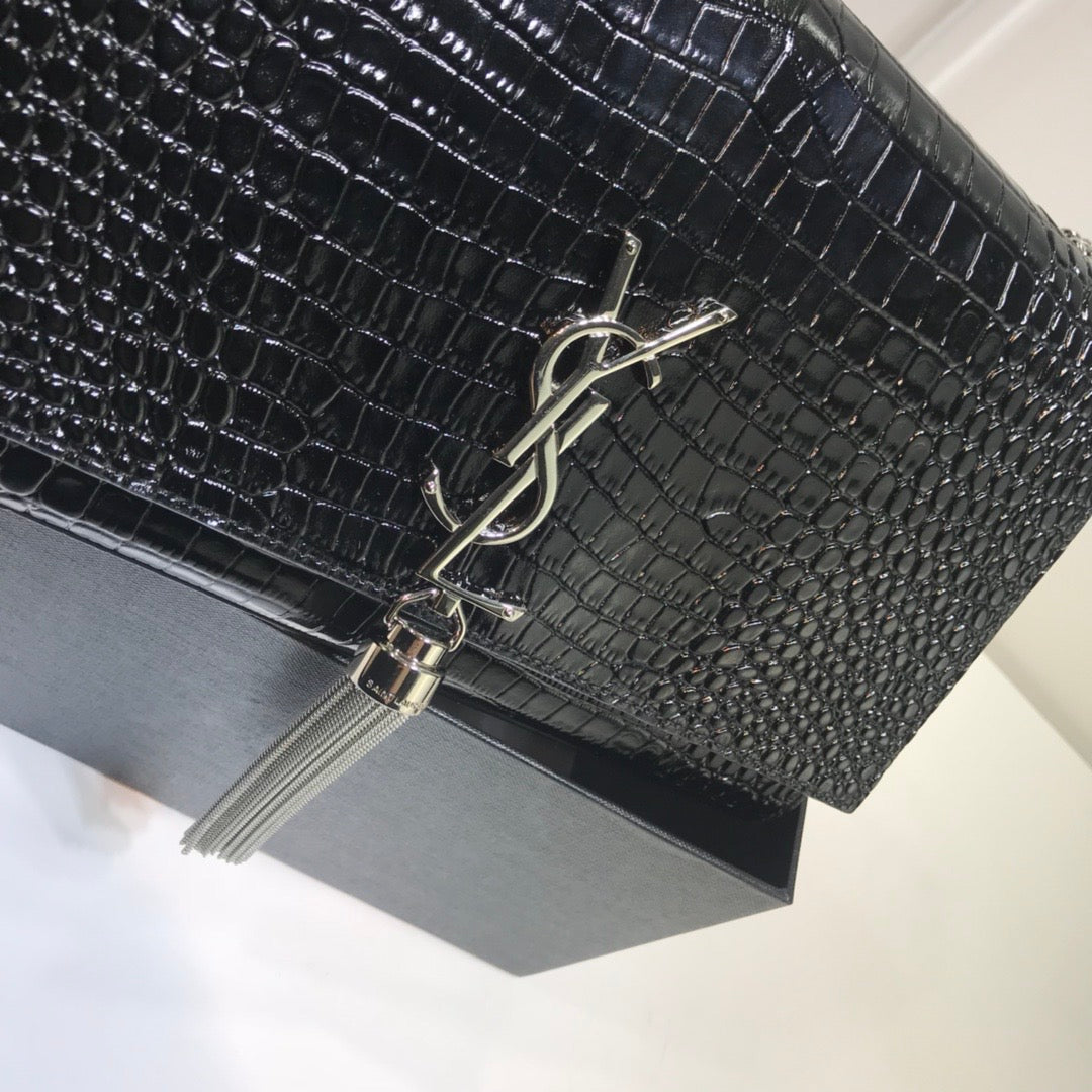 Top Quality Kate MeTop Qualityum Chain Bag With Tassel In Embossed CrocoTop Qualityle Black For Women 9.4in/24cm YSL 354119DND0N1000