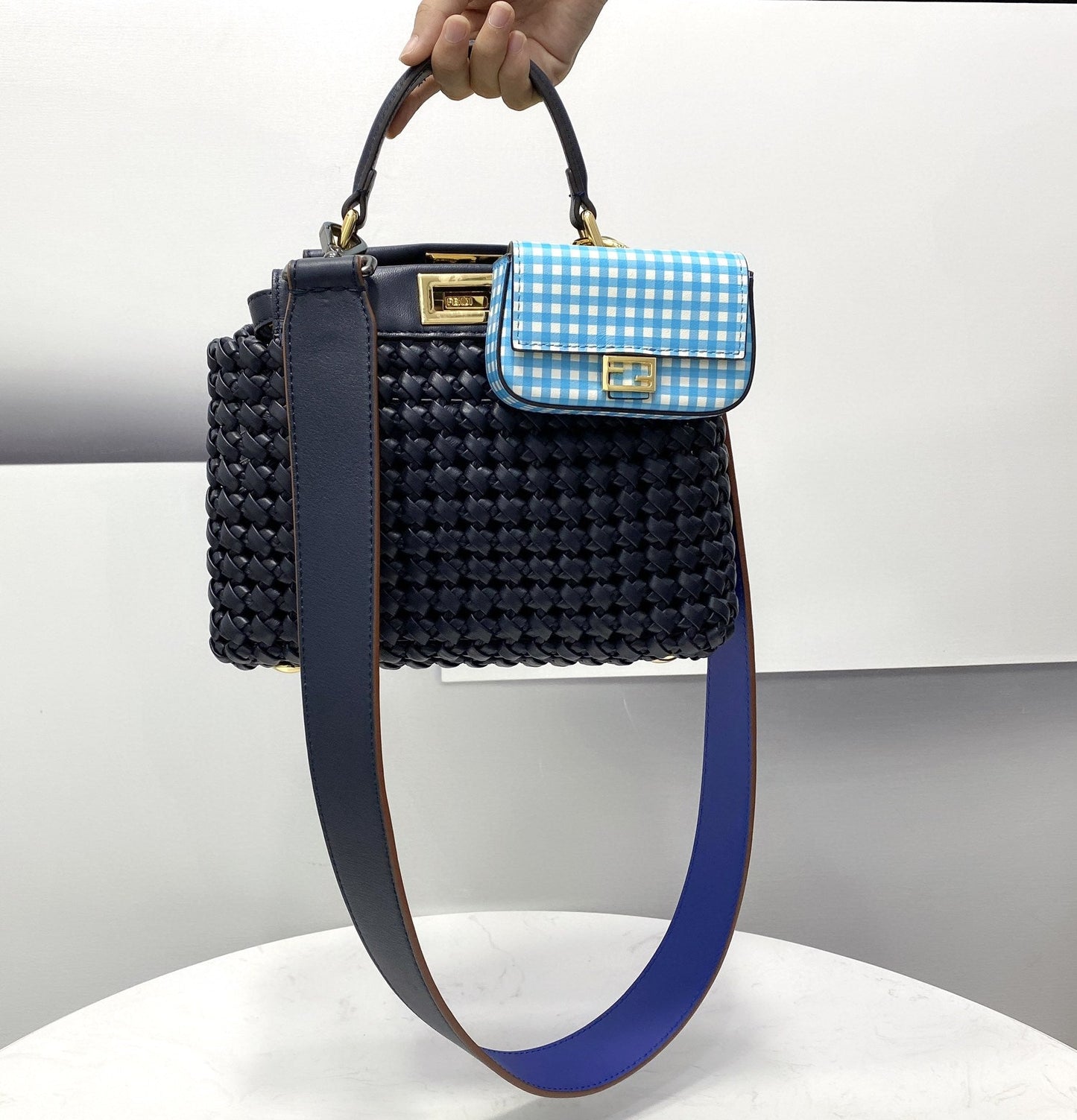 Top QualityTop Quality Peekaboo Mini Navy Blue Braided Bag For Woman 18cm/7in