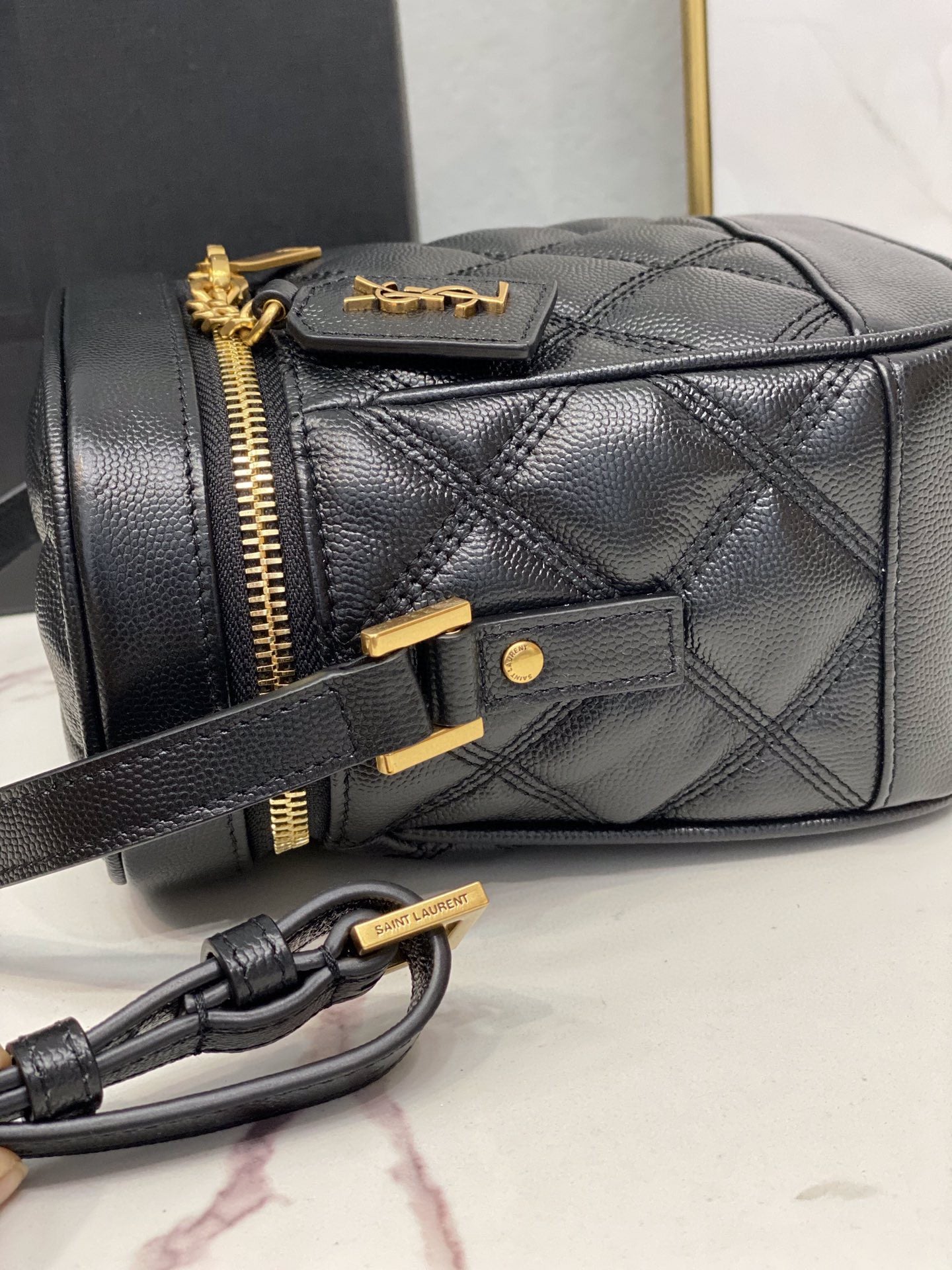 YSSL 80’s Vanity Bag In Carré-Quilted Grain De Poudre Black For Women 6in/16.5cm YSL 649779DME271000