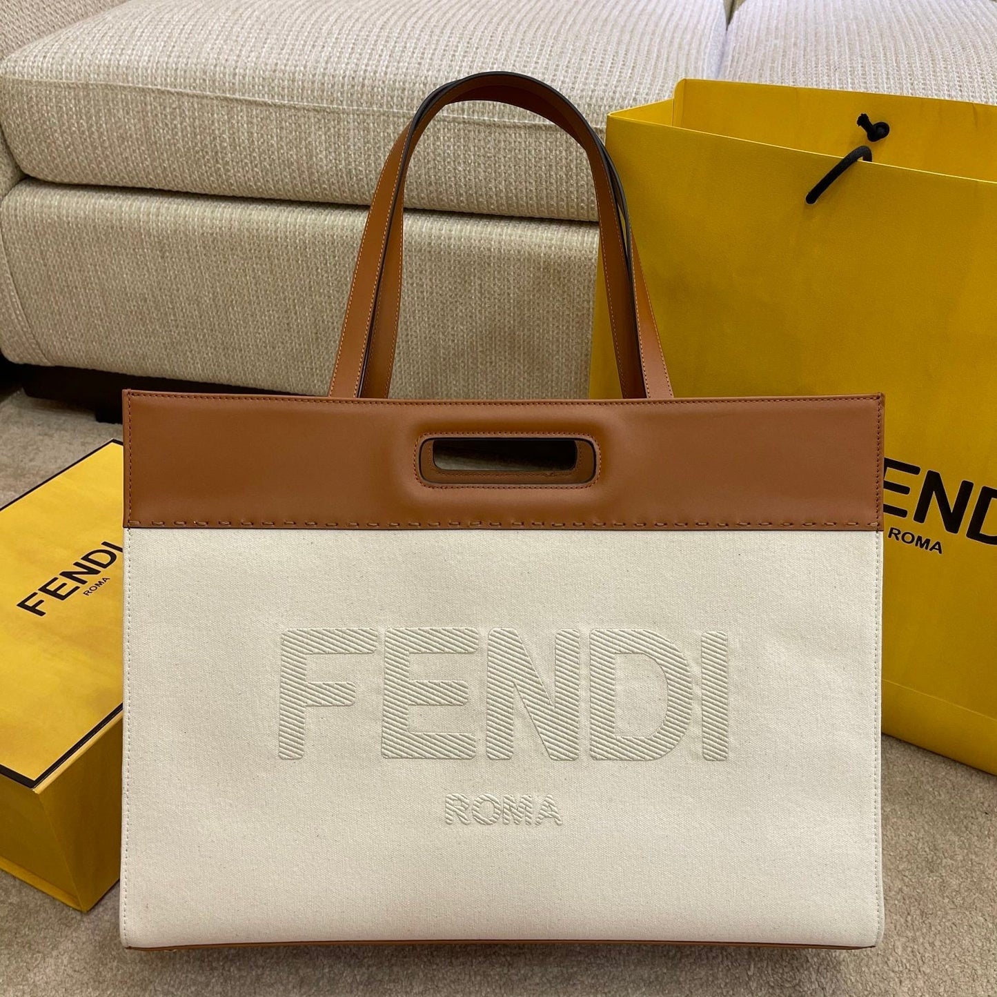 Top QualityTop Quality Canvas Tote Bag Beige/Brown For Women, Women’s Handbags 18.1in/46cm FF 7VA480