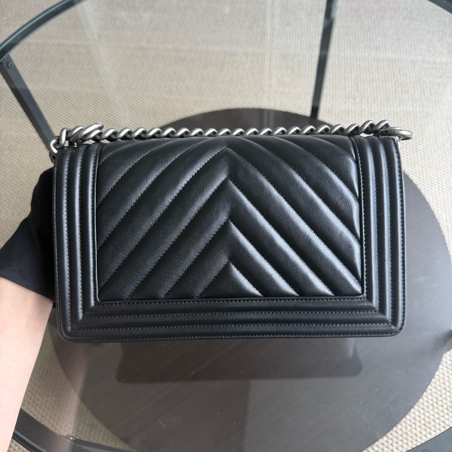 Chanel Boy Medium - 25CM Chevron Calfskin Black Ruthenium Silver Hardware