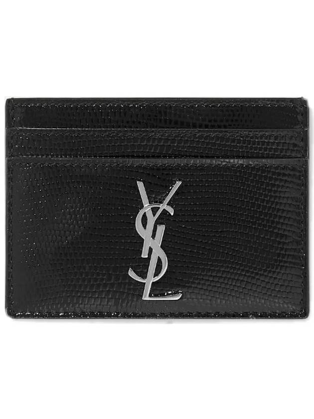 Luxury Saint Laurent Trending 2025 Monogram Lizard Effect Glossy Leather Card Holder Black Silver