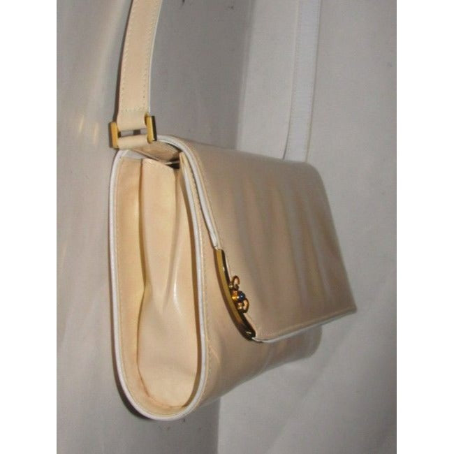 Gucci Clutch Sylvie   Two Way Purse Gold Gg And Accent Buttery Soft Glossy Tan And White Leather