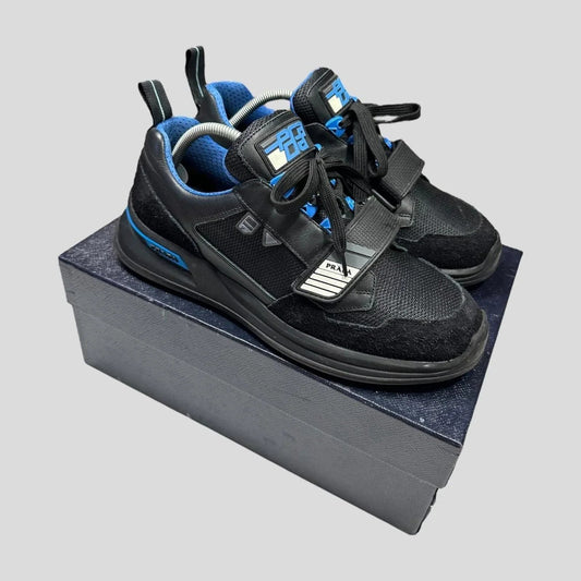 Prada 2018 Mechano Nero Voyage Rubber + Leather Logo Trainers - UK8.5/9