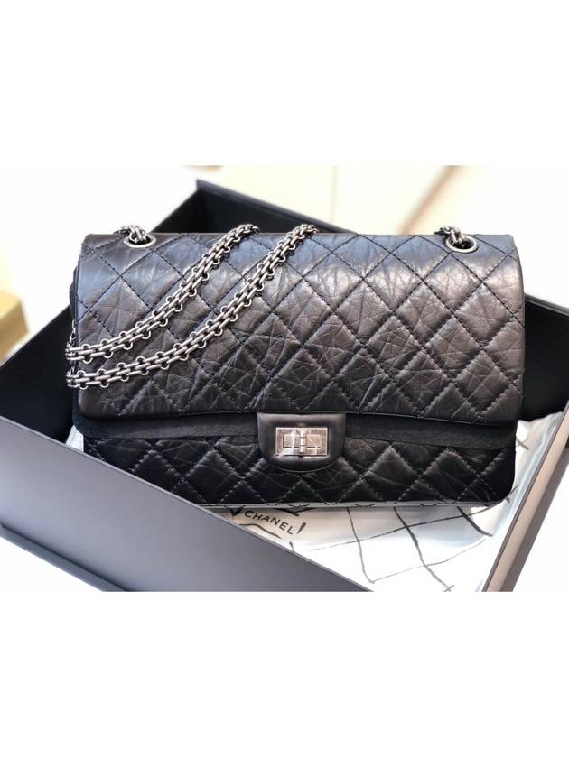 255 Chain   Calfskin Ruthenium  Large Flap Shoulder Bag Black Chanel