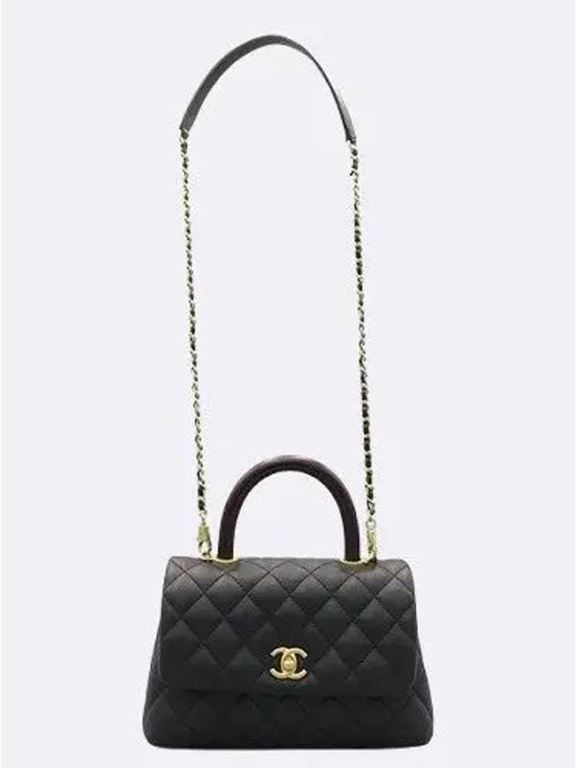 A92990 Black Caviar Grained   Gold Coco Handle Small Flap Tote Bag Chain Cross Trap 2way Chanel