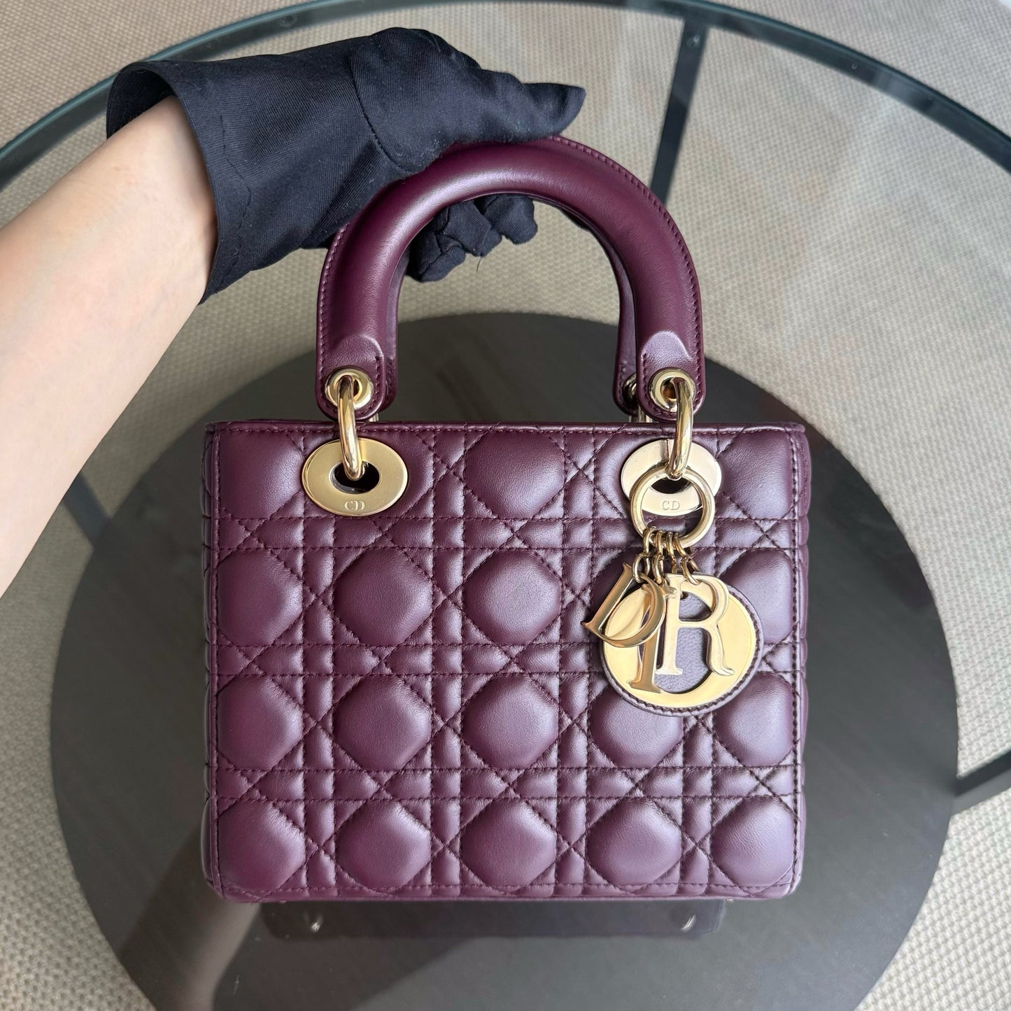 Dior Lady Small Flap - Cannage Lambskin Burgundy Dark Red Gold Hardware