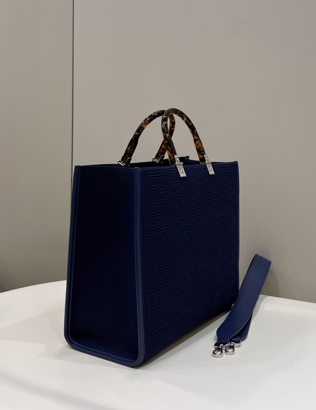 Top QualityTop Quality Sunshine Medium Navy Blue FF fabric shopper Bag For Woman 31cm/12in
