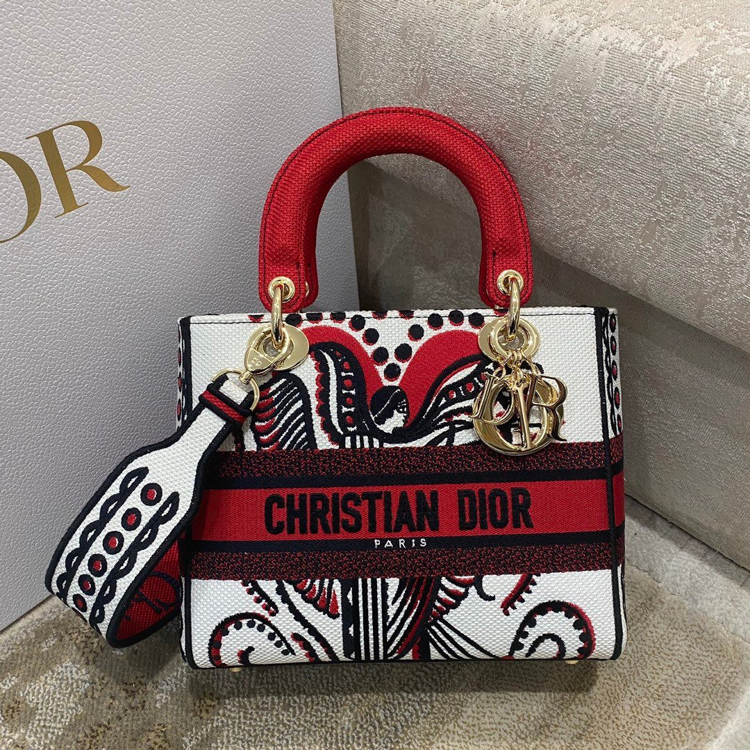 Top Quality MeTop Qualityum Lady D-Lite Bag Multicolor Cupidon Embroidery, Red/Latte Handbags, 24cm CD M0565OTQG_M941