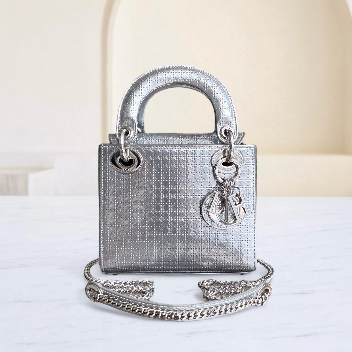 Dior Lady Mini - Metallic Calfskin Micro Cannage Silver Hardware Chain strap