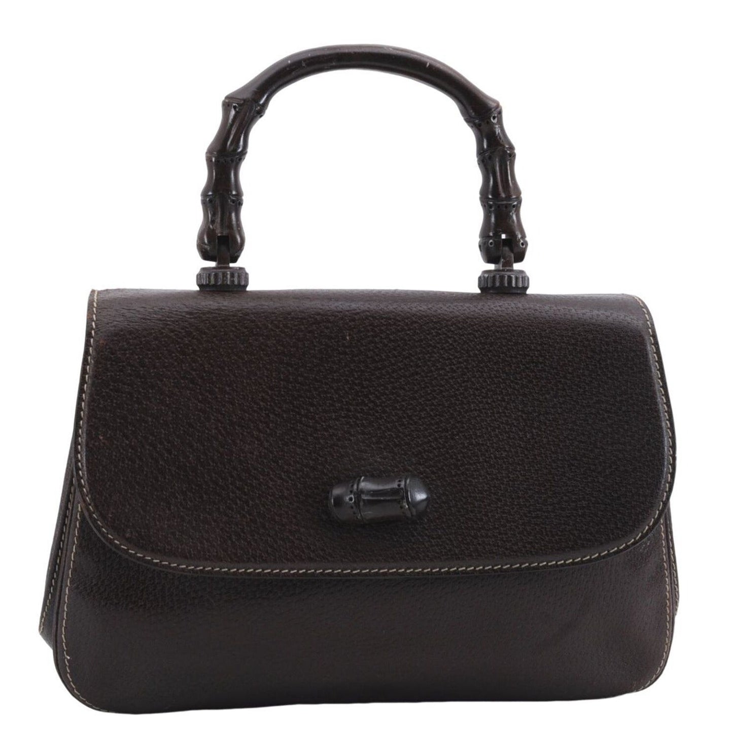 Gucci boarskin leather top handle Kelly style purse with bamboo look accents and carved wood handle