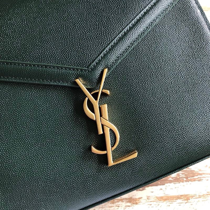 YSSL Cassandra Medium Top Handle Bag In Grain De Poudre Embossed Dark Green For Women 9in/25cm 