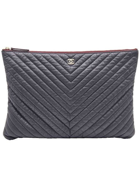 Chanel A82552 Black Caviar Chevron Gold Plated CC Logo Classic Large Pouch Clutch 27th Chanel