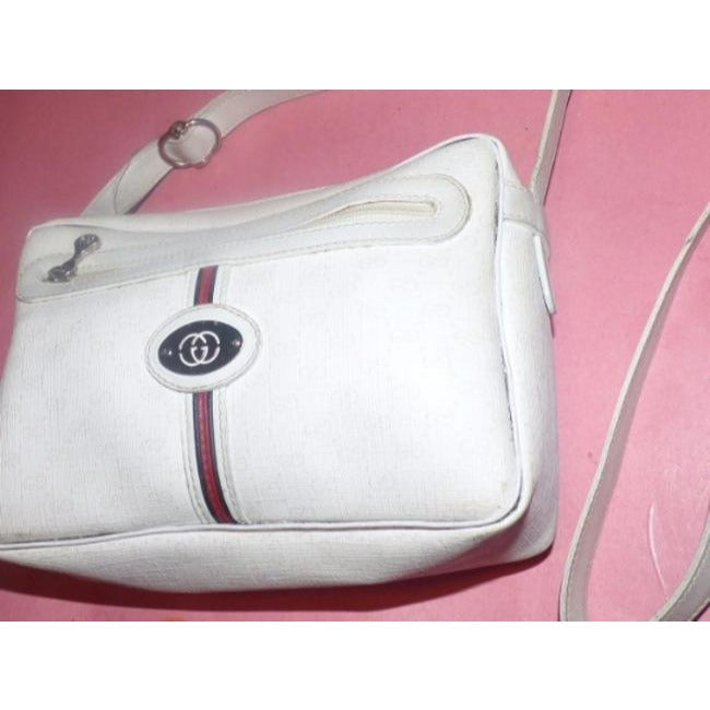 Gucci   White Leather White Small G Logo Print Coated Canvas And Red Blue Stripe