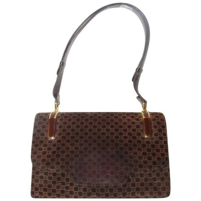 Gucci   Brown Square G Logo Print Suede And Brown Leather Shoulder Bag