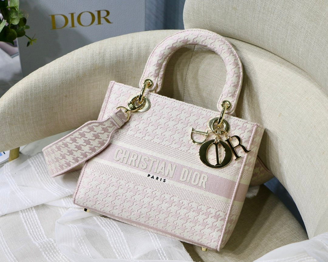 Top Quality MeTop Qualityum Lady D-Lite Bag Houndstooth Embroidery, Pink/White, For Women Womens Handbags, Shoulder Bags, Crossbody Bags, 24cm CD