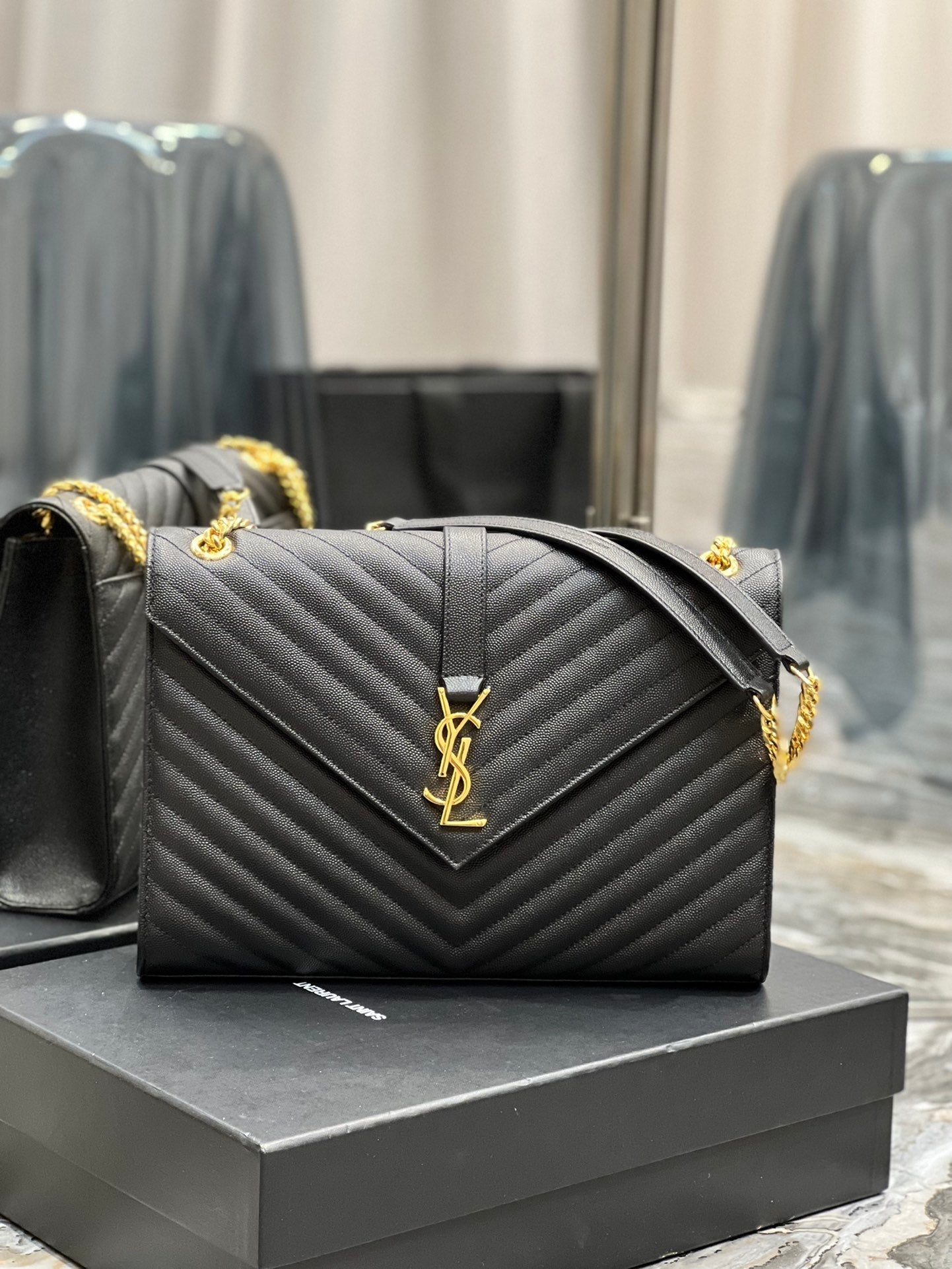 YSSL College Large Chain Bag Black For Women 12in/32cm YSL 600278BRM071000