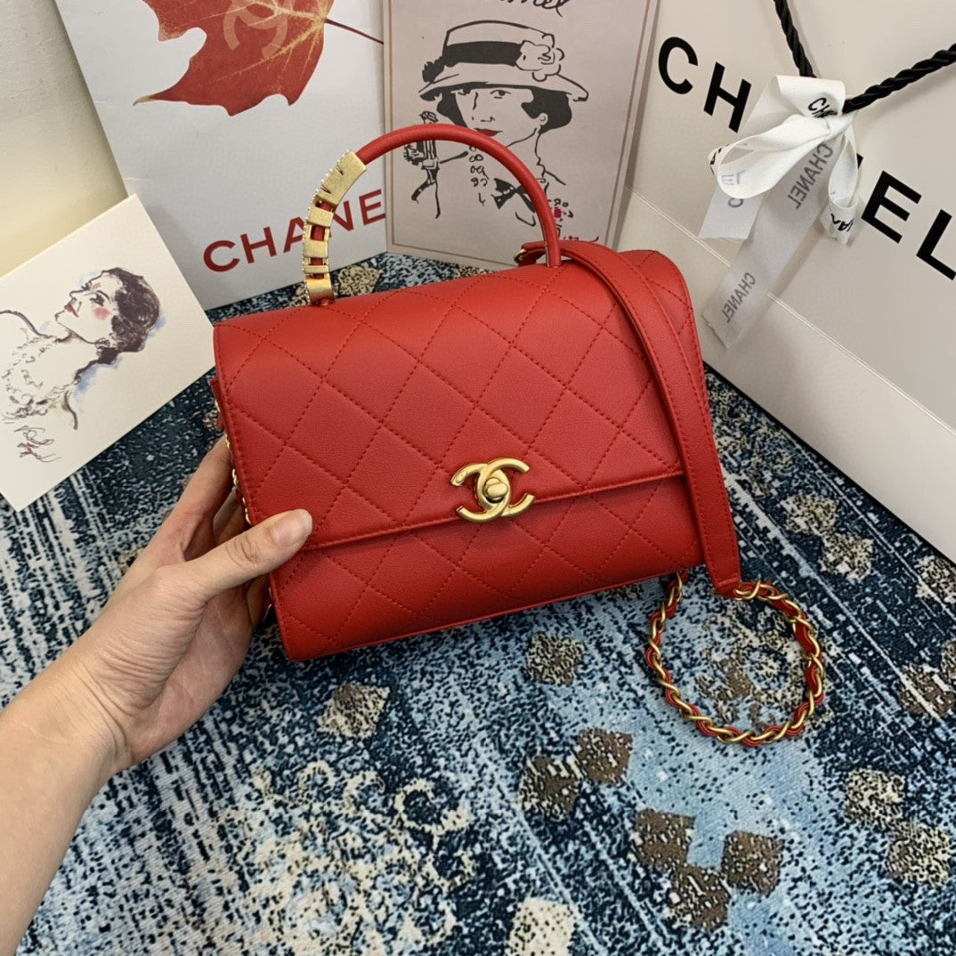 CHLSmall Flap Bag With Top Handle Gold Hardware Red For Women, Women’s Handbags, Shoulder Bags 7.9in/20cm AS2059