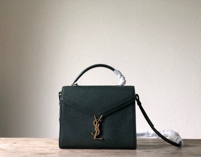 YSSL Cassandra Medium Top Handle Bag In Grain De Poudre Embossed Dark Green For Women 9in/25cm 